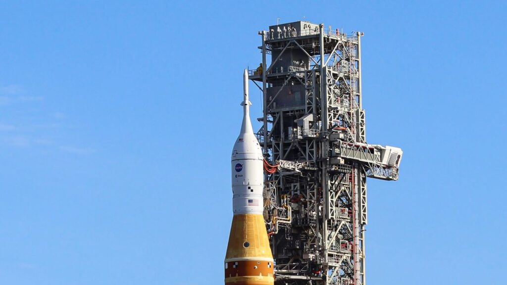 Artemis II's Orion is seen during the rollout on Saturday, Jan. 17, 2026. Orion's critical abort system is shown. "The 44-foot-tall (13.4-meter) tower-like abort structure would swiftly carry the four-person crew inside Orion to safety in the unlikely event of an emergency during launch or ascent atop the SLS (Space Launch System) rocket," stated NASA. (Spectrum News file photo/Anthony Leone)