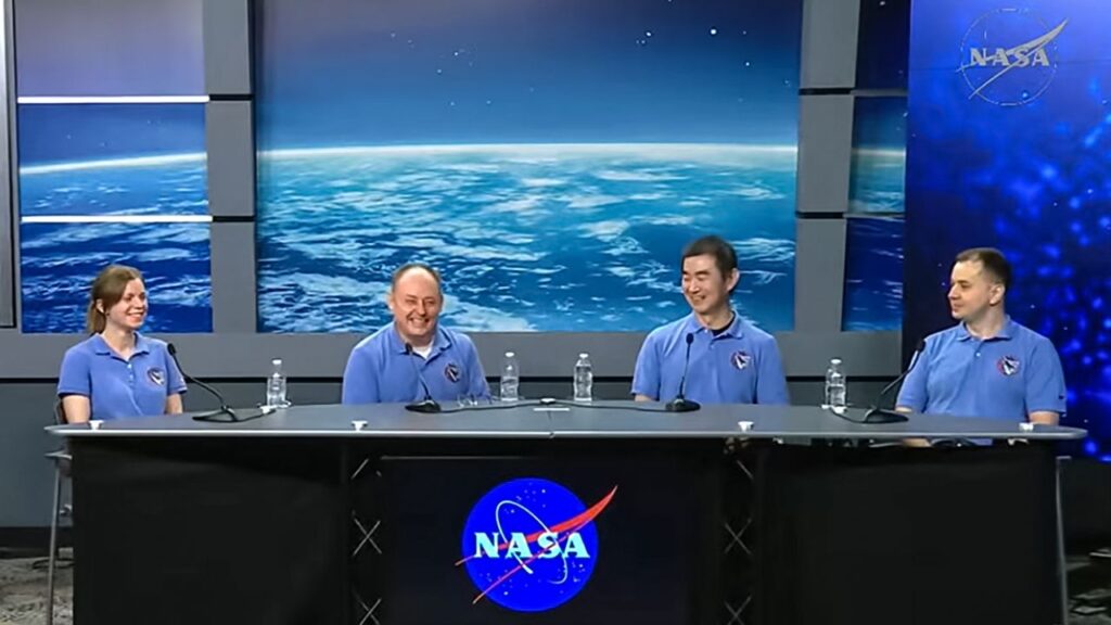 NASA Cmdr. Zena Cardman, left, pilot Michael Fincke, and mission specialists Japan Aerospace Exploration Agency (JAXA) astronaut Kimiya Yui and Roscosmos cosmonaut Oleg Platonov share a laugh during a press conference on Wednesday, Jan. 21, 2026. The four talked about the experiments they conducted during the Crew-11 mission and how it was cut short because one of the four suffered a medical episode. (NASA)