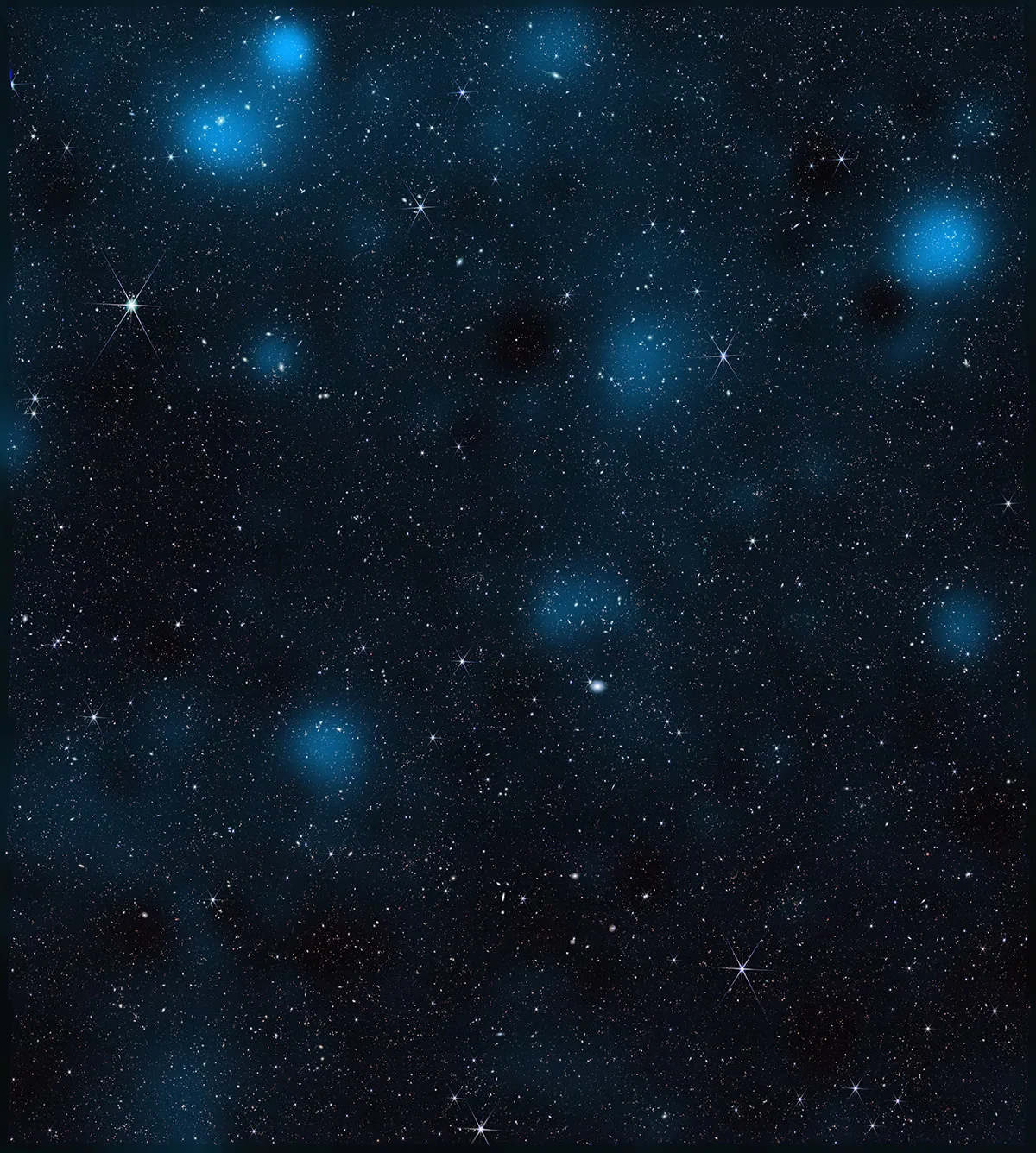 Image by the James Webb Space Telescope overlaid with a map of dark matter, represented in blue. Brighter blue areas indicate a higher density of dark matter. Credit: NASA/STScI/J. DePasquale/A. Pagan