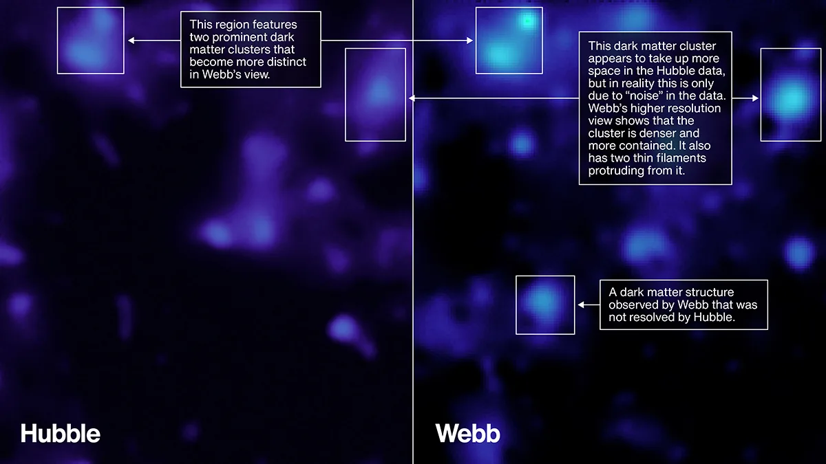 Hubble's dark matter map vs Webb's. Some dark matter structures appear smaller in Webb's data because they're coming into sharper focus, according to NASA. Credit: NASA/STScI/A. Pagan