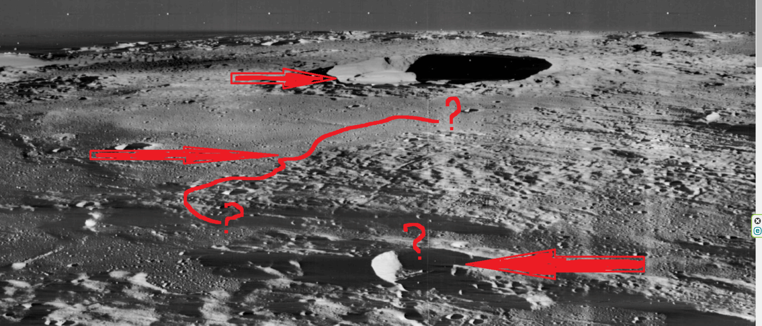 Lunar Orbiter III, 1967 - strange linear structures and 'tracks' in the upper part of frame 3073. Film artifacts or something else? Possible ancient structures?