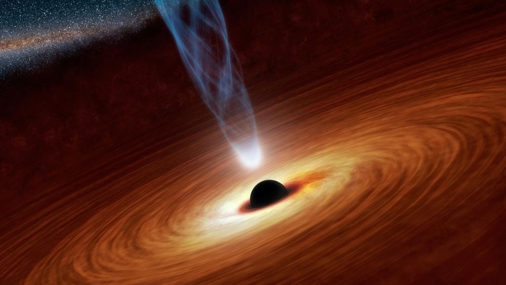 This Rapidly Growing Black Hole Is Challenging Super-Eddington Accretion This artist’s impression of a supermassive black hole system shows some of the detail in these puzzling objects. Infalling gas forms an accretion disk around the hole, with a bright corona of plasma nearest the black hole. The SMBH is also launching relativistic jets from its poles. Image Credit: NASA/JPL-Caltech