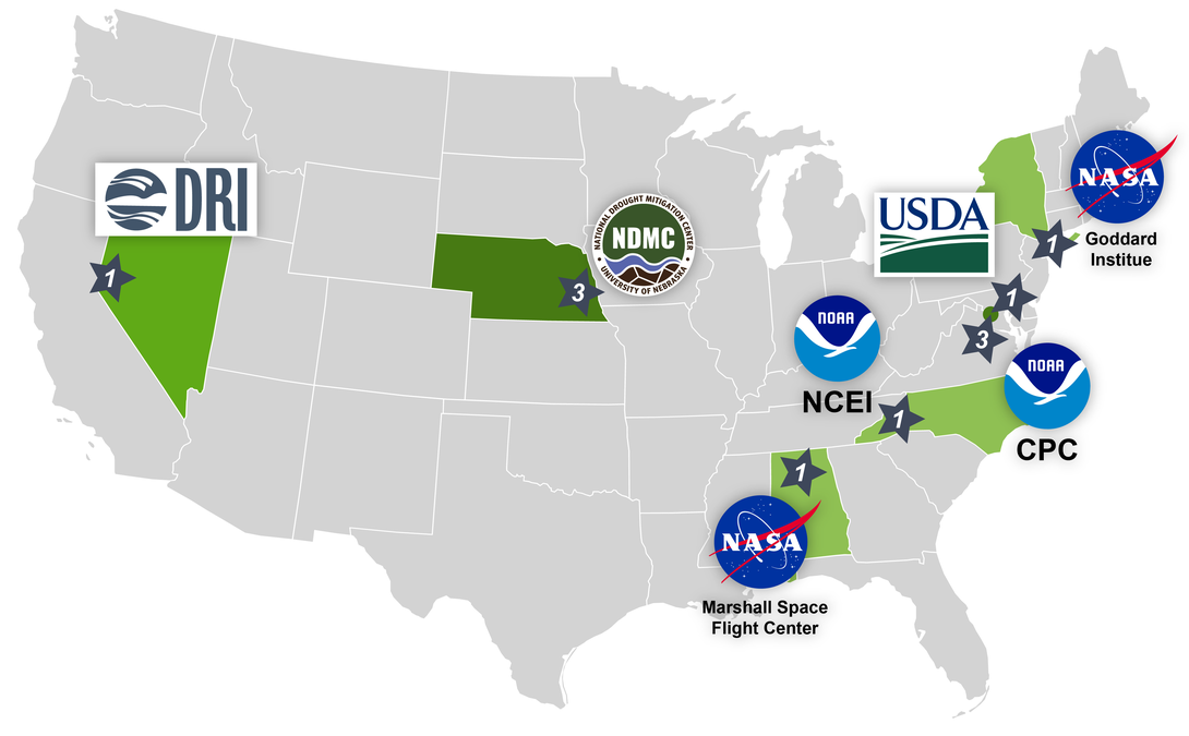 A color map showing the locations of U.S. Drought Monitor authors — Nevada, DRI (1); Nebraska, National Drought Mitigation Center (3); Alabama, NASA's Marshall Space Flight Center (1); New York, NASA's Goddard Institute (1); Washington, D.C., U.S. Department of Agriculture (1) and National Oceanic and Atmospheric Administration's CPC (3); and North Carolina, NOAA's NCEI (1).