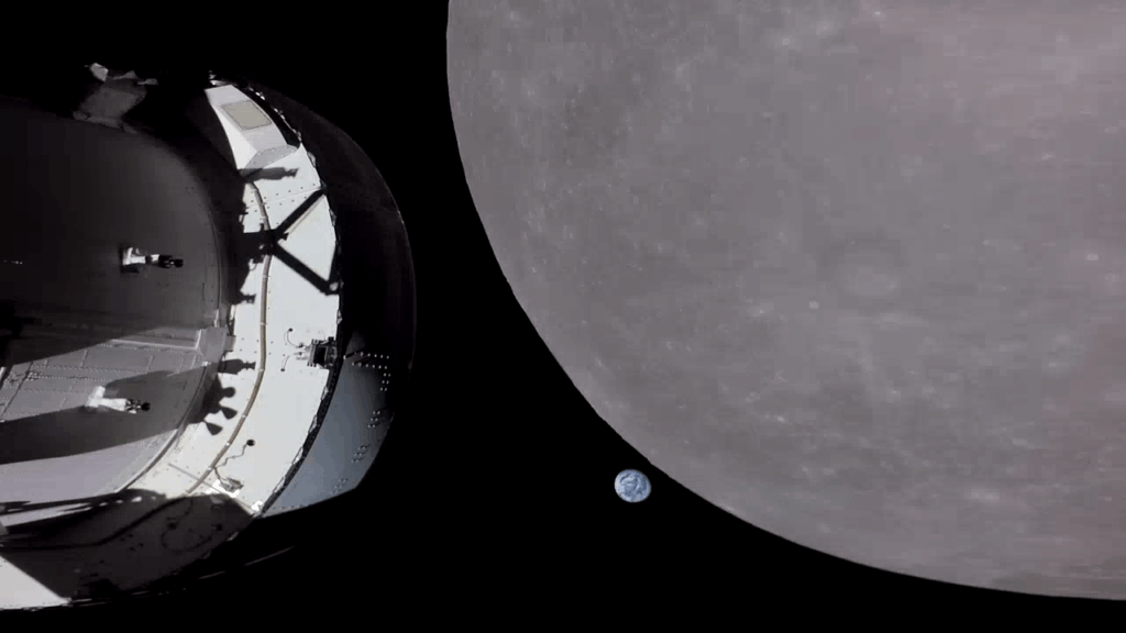 Earth and Moom imaged from the Orion spacecraft during the Artemis I mission