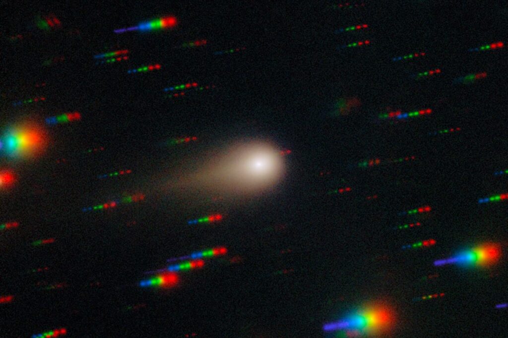 Comet 3I/ATLAS captured by the Gemini Multi-Object Spectrograph (GMOS) on Gemini South at Cerro Pachón in Chile, 27 August 2025. Image composed of exposures taken through red, green, blue and ultraviolet filters. Credit: International Gemini Observatory/NOIRLab/NSF/AURA/Shadow the Scientist. Image Processing: J. Miller & M. Rodriguez (International Gemini Observatory/NSF NOIRLab), T.A. Rector (University of Alaska Anchorage/NSF NOIRLab), M. Zamani (NSF NOIRLab)