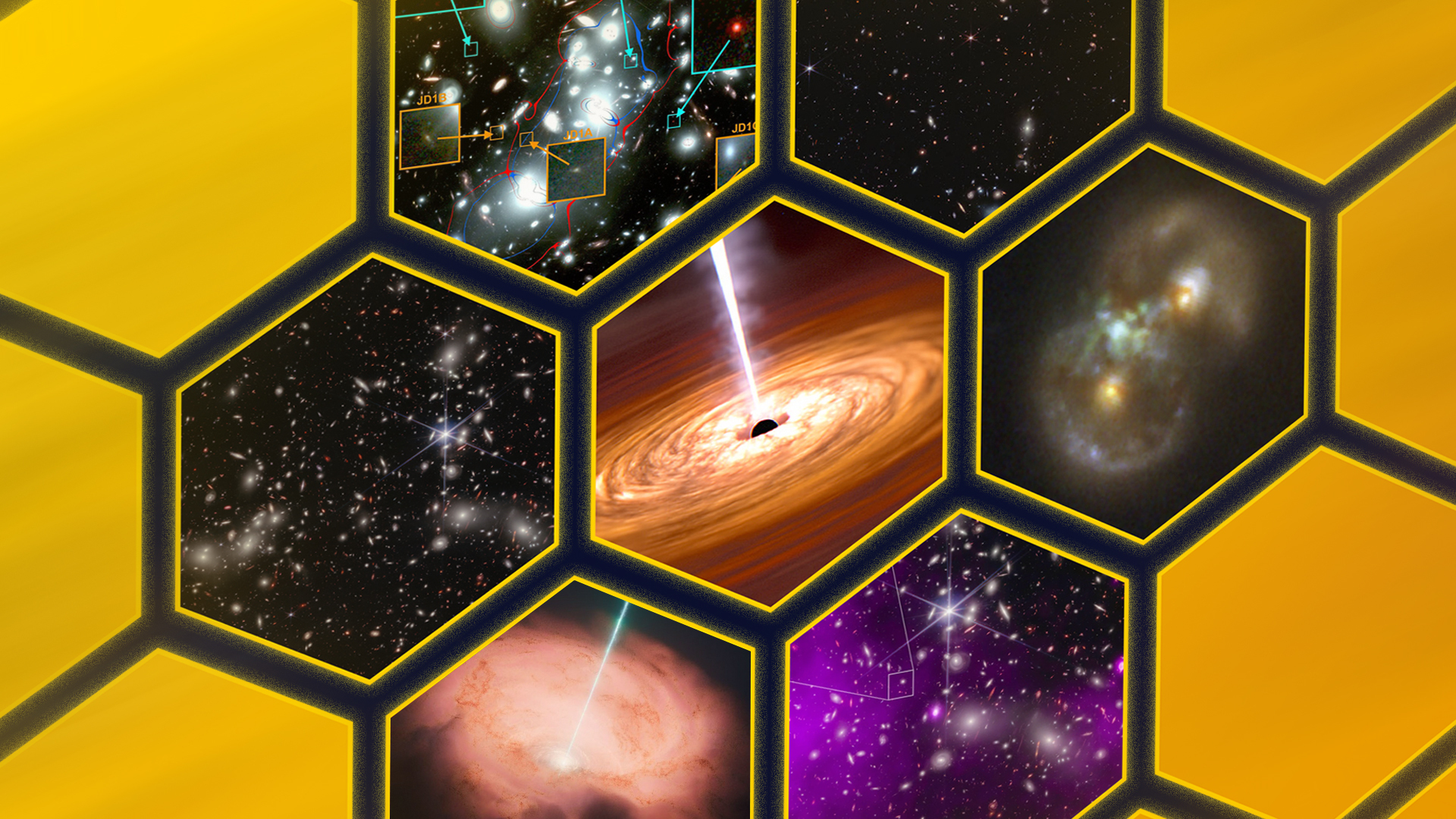 Alternating yellow hexagons and hexagons featuring images of space and black holes