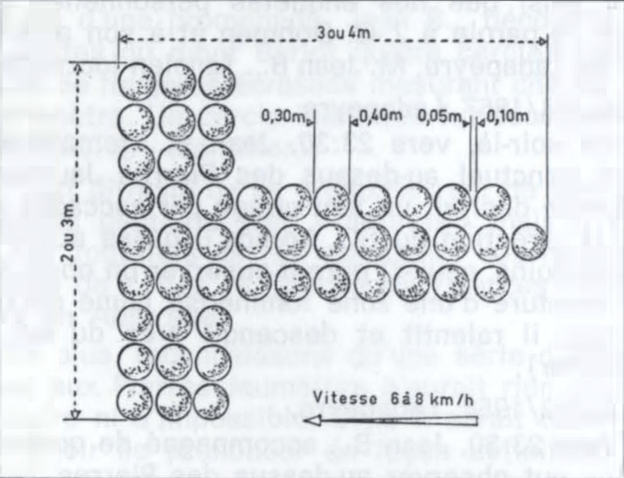 France 1954 - a farmer claims to see about 50 to 60 spheres flying in a capital 'T' formation, the bar of the T was made of at least three rows of nine spheres, followed by at least three rows of eight to ten spheres