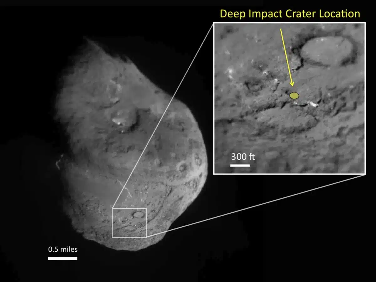 A Map Like View Of Tempel 1 Showing Where Nasa’s Deep Impact Probe Struck, Leaving A Fresh Crater.