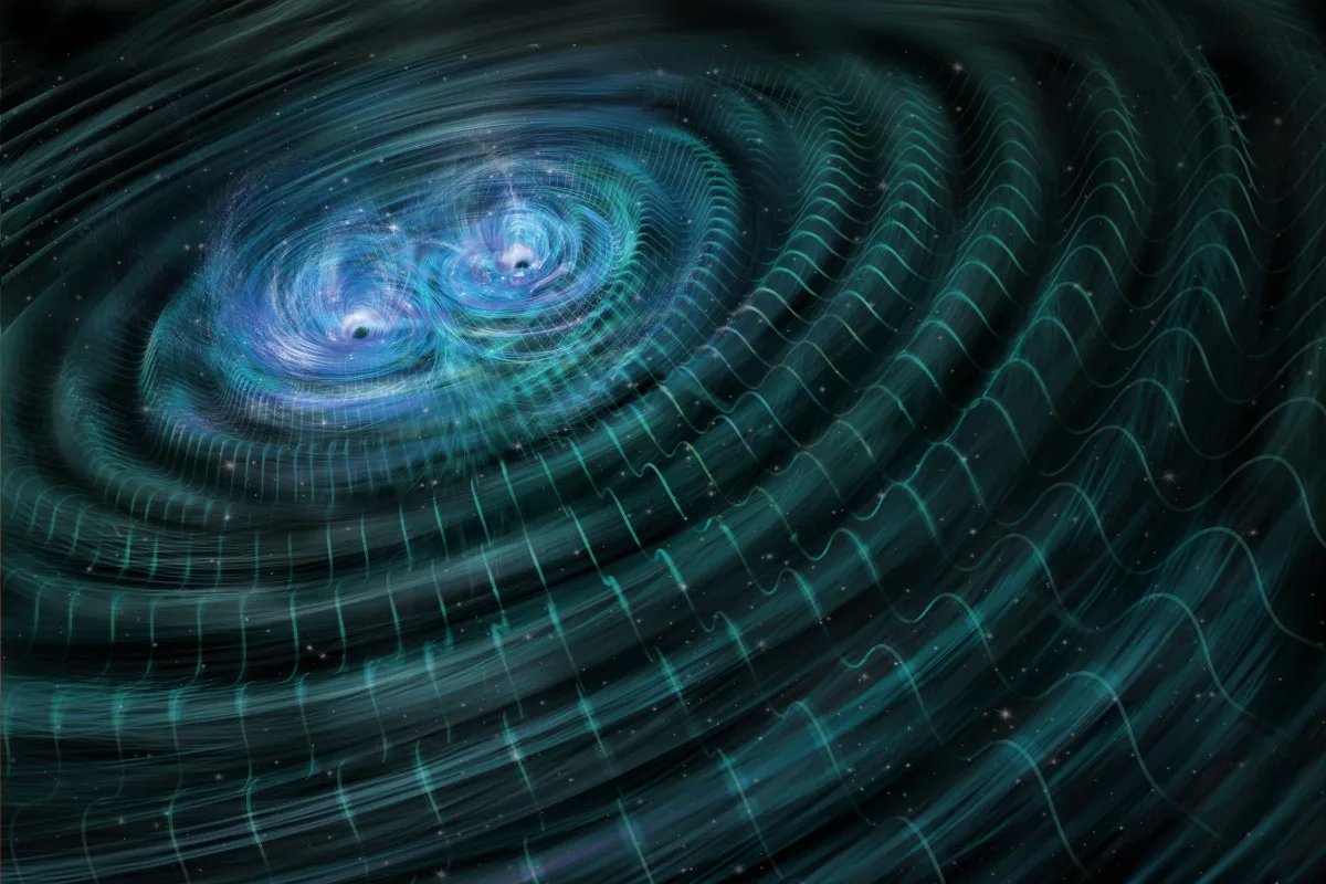 Image depicting a black hole merger and gravitational waves around it