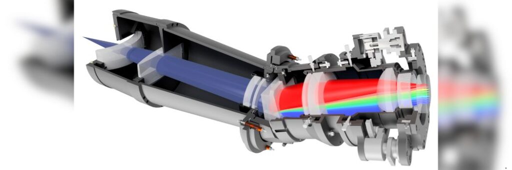 Physicists Develop New Tool to Study Star Evolution The concept for one of the BlueMUSE spectrographs. The image from the telescope is split into 16 separate slices and enters the spectrograph at the top left.