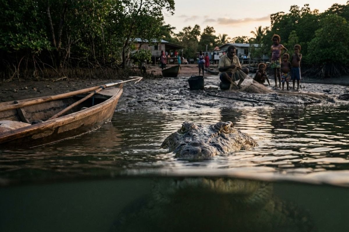 Crocodilo de água salgada planeja ataque, domina território e transforma rios e praias em áreas de risco ao estudar rotinas humanas e agir com precisão silenciosa