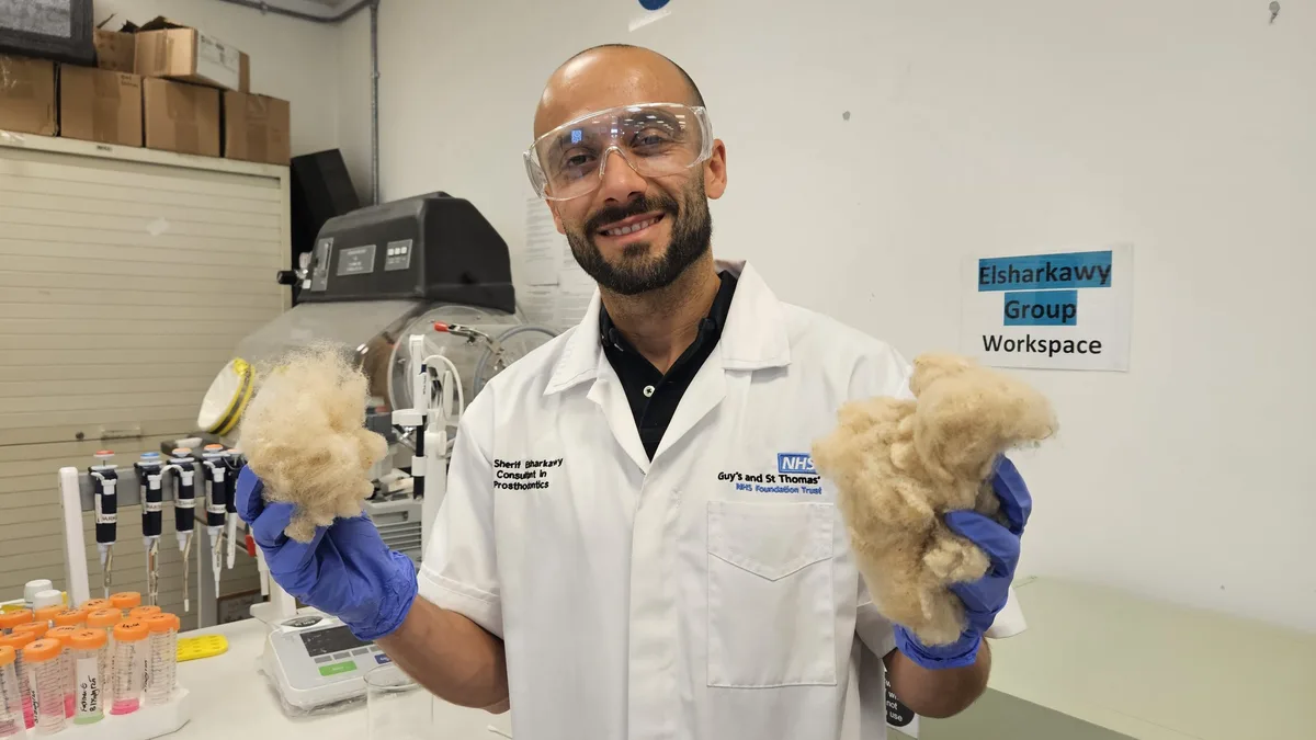 Dr Sherif Elsharkawy holds up two clumps of animal wool in a laboratory