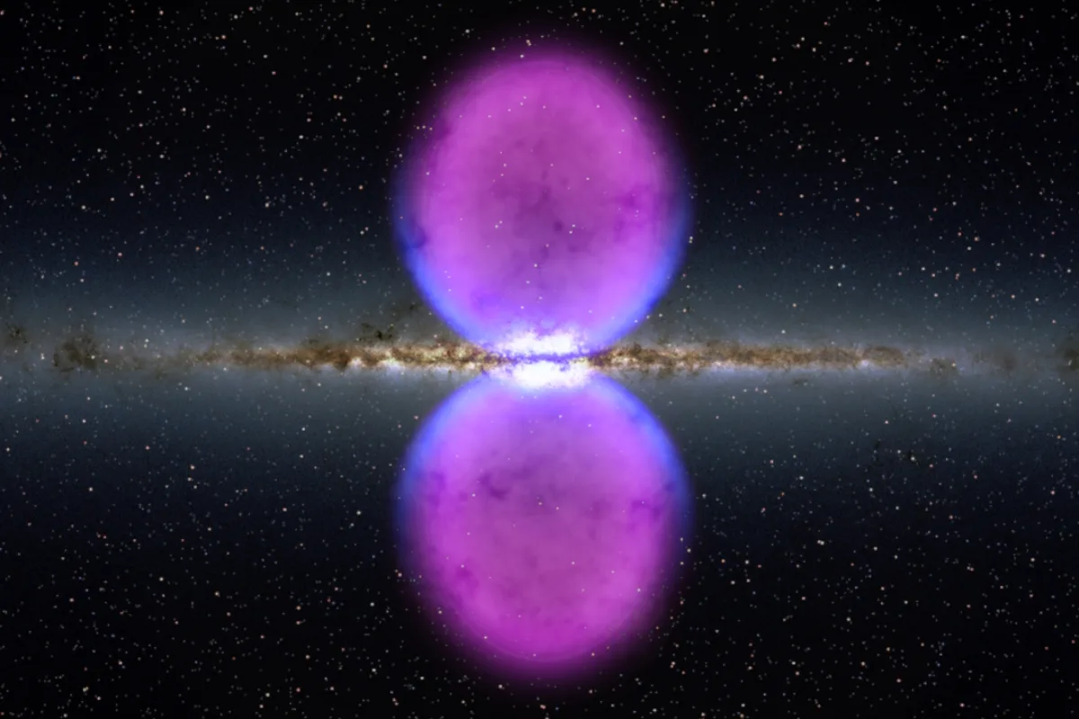 Image of giant gamma-ray bubbles. Using data from NASA's Fermi Gamma-ray Space Telescope, scientists discovered a gigantic, mysterious structure in our galaxy. This feature looks like a pair of bubbles extending above and below our galaxy's center. Each lobe is 25,000 light-years tall and the whole structure may be only a few million years old.