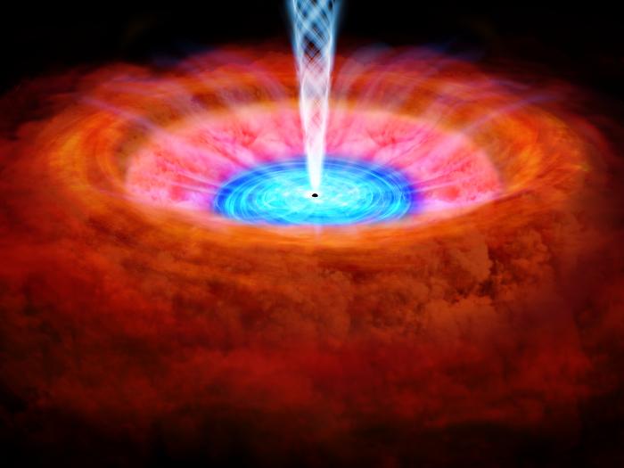 An artist's rendering of what's called an active galactic nucleus at the center of NGC 4151. The galaxy's black hole sits at the center, immediately surrounded by an accretion disk shown in blue.