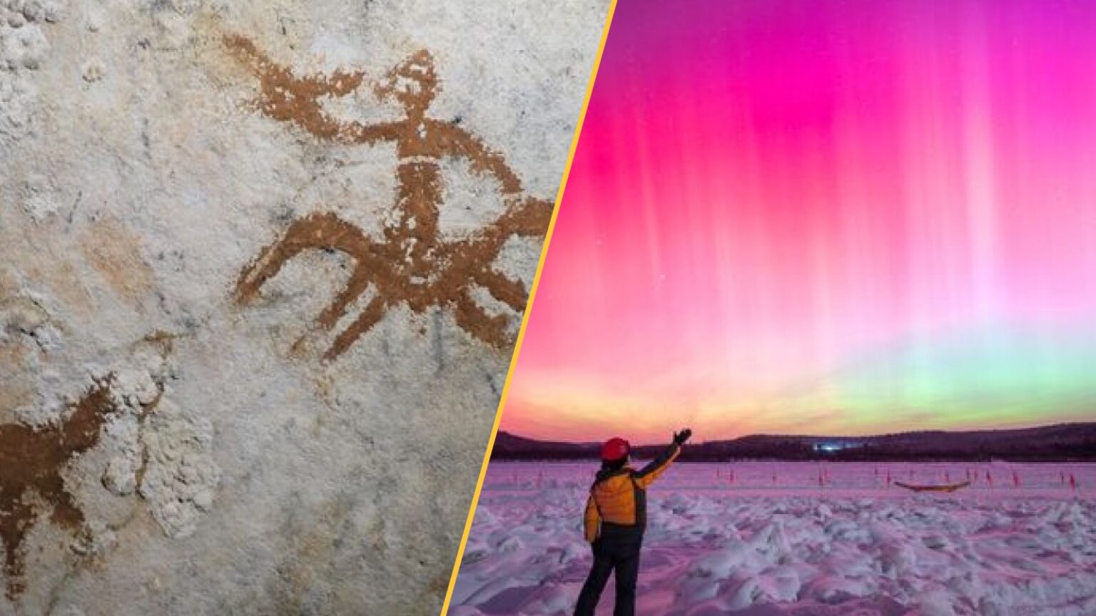 Science news this week: The world’s oldest rock art, giant freshwater reservoir found off the East Coast, and the biggest solar radiation storm in decades On the left is an image of red rock art on a white cave wall. On the right is an image of a pink aurora with a person in a snowy field.