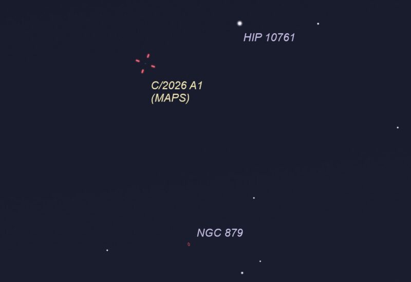 Star chart showing the comet near a star and deep-sky object.