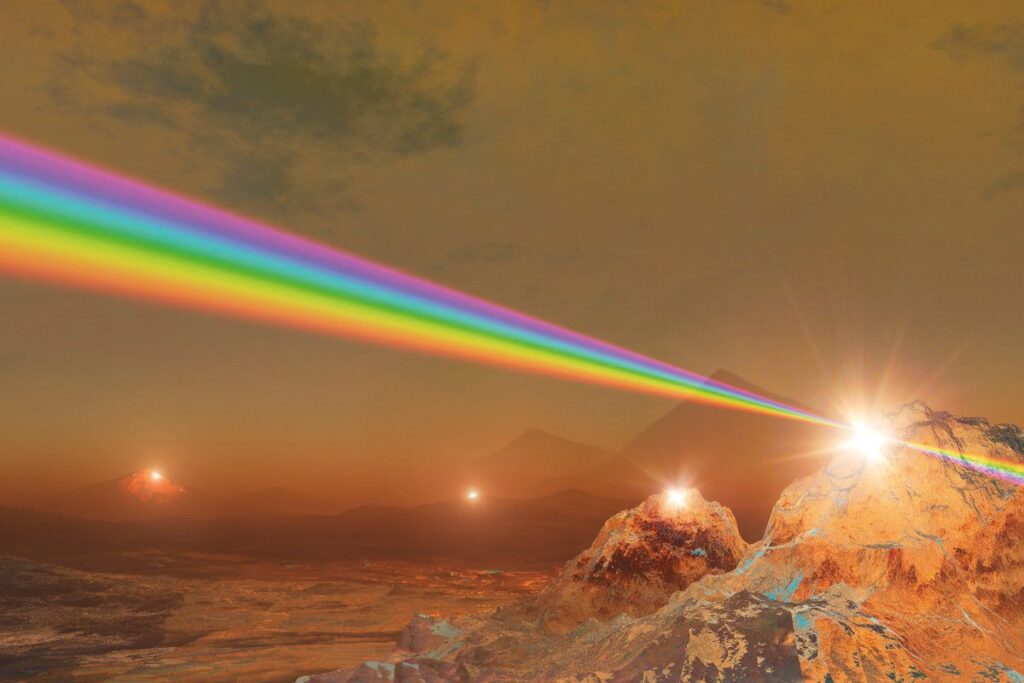 Artwork of exoplanet 55 Cancri e. 55 Cancri is a binary star system located 41 light-years away, made up of a sun-like (G-type) star and a much smaller and dimmer red dwarf. The two stars are extremely widely separated, however, with around 1000 AU between then. There are several planets here, but the one featured in this picture is 55 Cnc e. Announced to the world in 2004, 55 Cnc is a