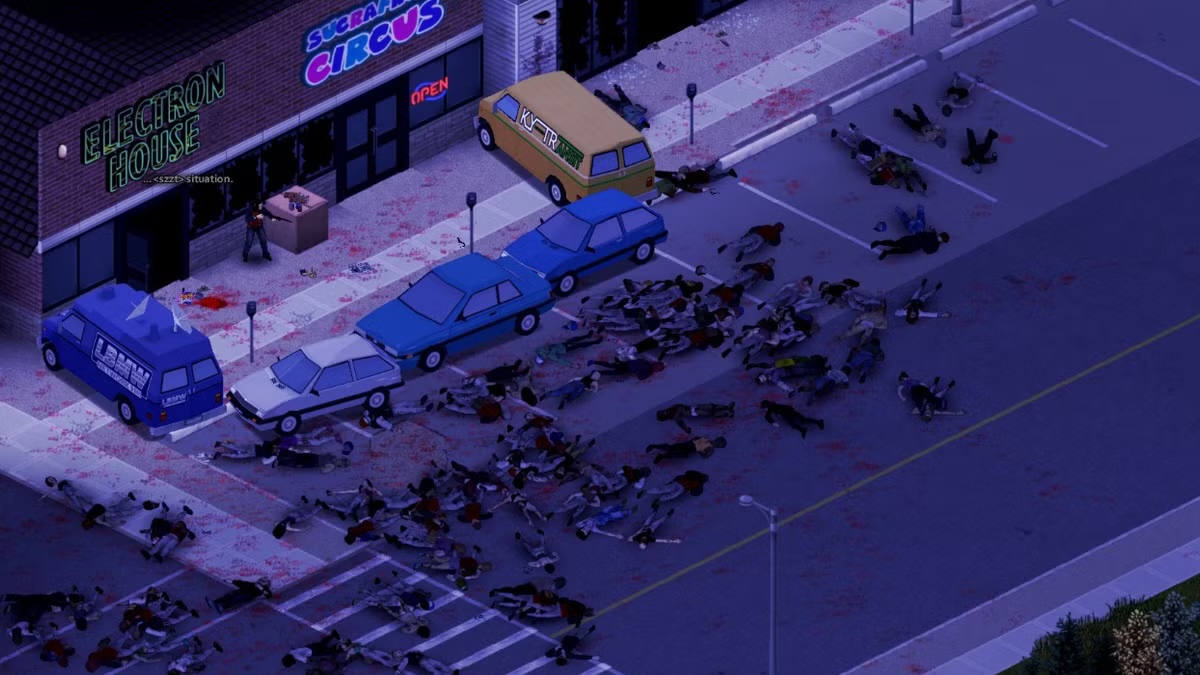 A car drives through zombies in "Project Zomboid"