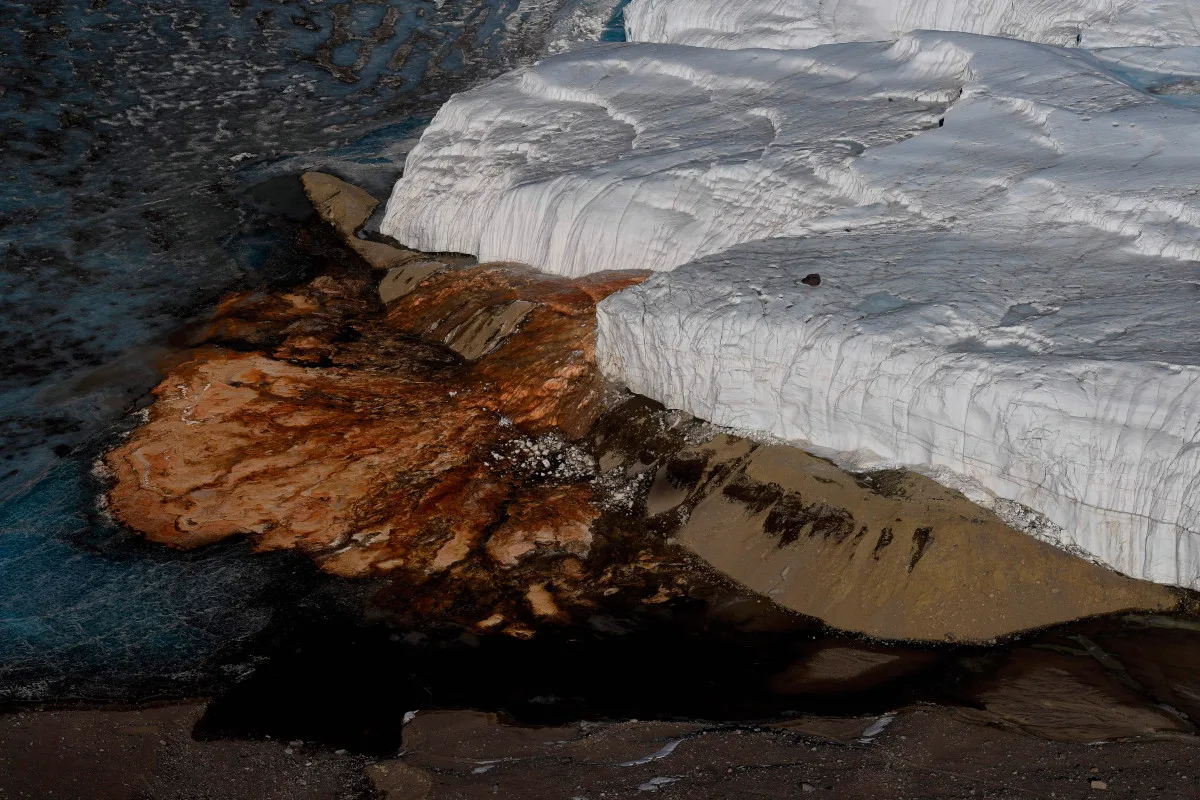 Aerial view of the wounded glacier in Blood Falls, Antarctica