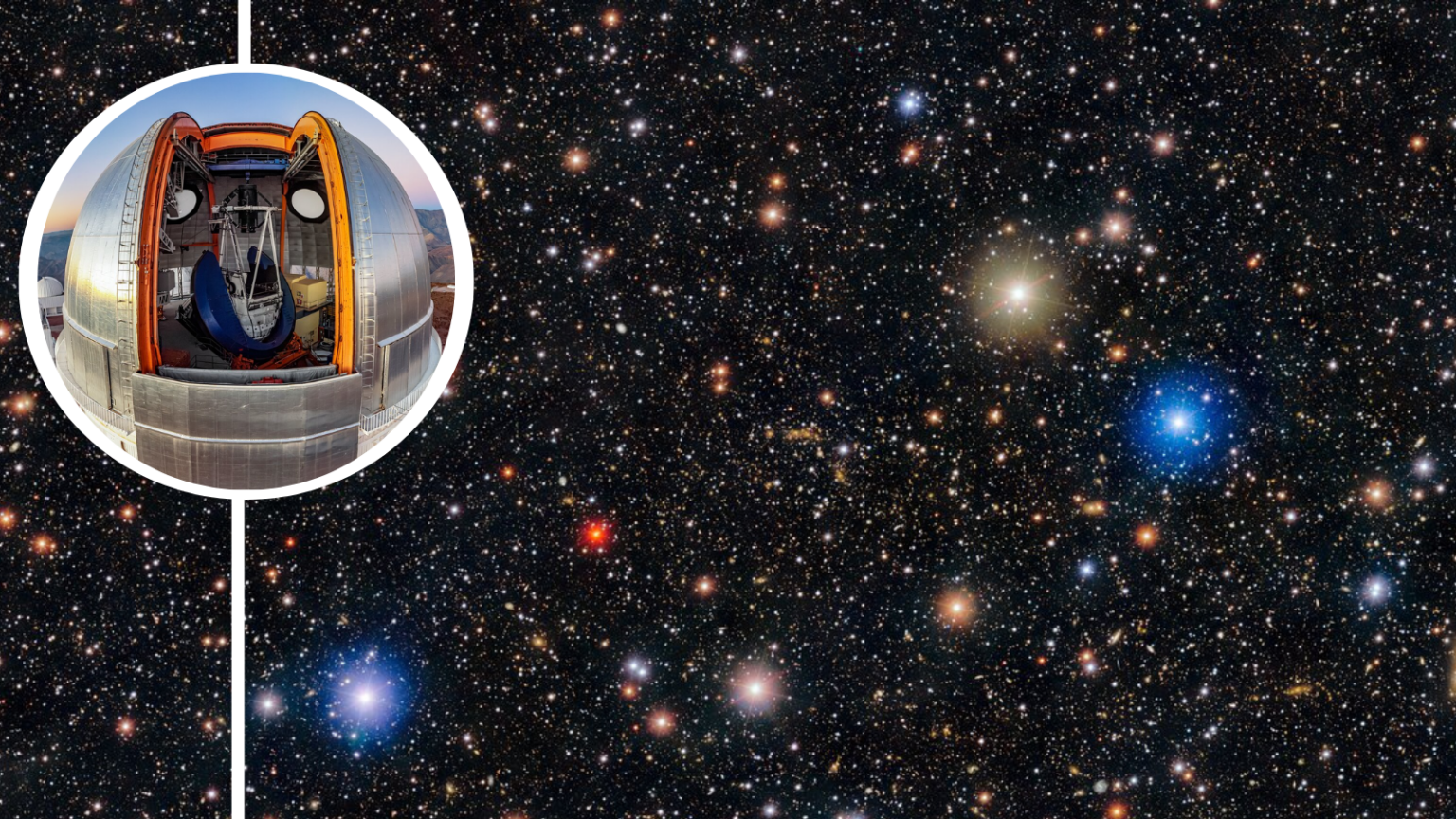 Scientists just got the clearest picture of the dark universe yet: ‘Now the dream has come true’ (Main) the colliding galaxy clusters that comprise the bullet cluster as seen by DECam(Inset) the Victor M. Blanco Telescope home of DECam.