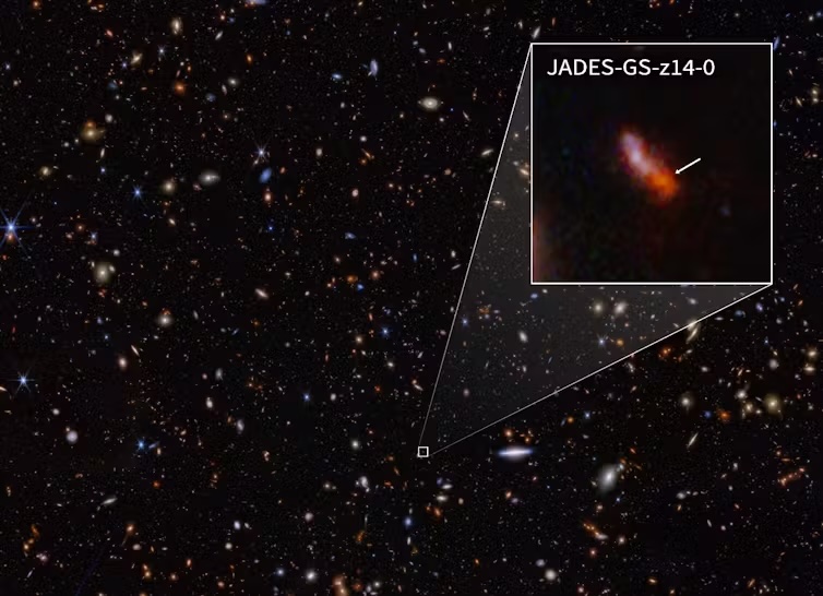 An zoomed inset showing the location of jADES-GS-z14-0 in a deep field image of hundreds of stars and galaxy