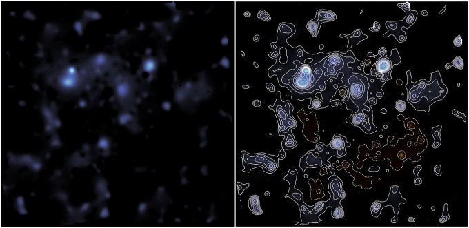 A dark matter map of a region in the constellation Sextans, created using observations from the Hubble and James Webb Space Telescopes. On the right, contour lines mark areas of similar dark matter density. The blue areas show the highest concentrations of dark matter. Courtesy of Gavin Leroy/COSMOS-Webb