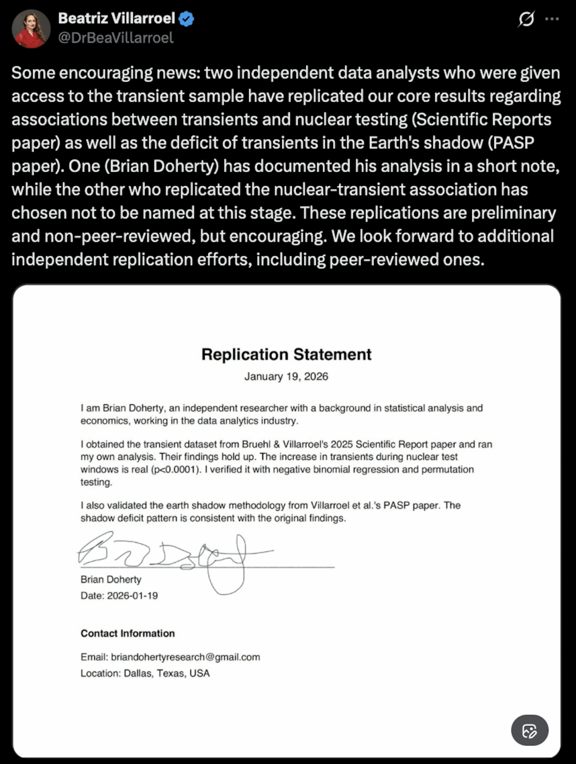 Dr. Beatriz Villarroel shares that 2 independent data analysts have so far successfully replicated 2 of her findings in her peer reviewed study on UFO transients - "Associations between transients and nuclear testing and well as the deficit of transients in the Earth's shadow"