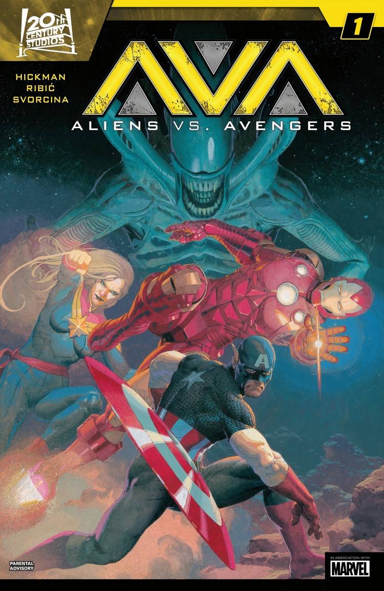 Alien vs Avengers #1 cover featuring a Xenomorph standing over Iron Man, Captain Marvel, and Captain America.