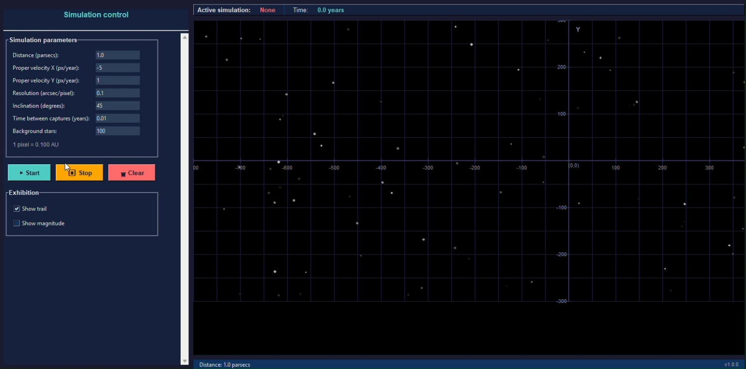 I created a simulation in Python that shows how the stellar parallax of a target star is observed from Earth, depending on its distance, proper motion, inclination and the telescope's angular resolution.