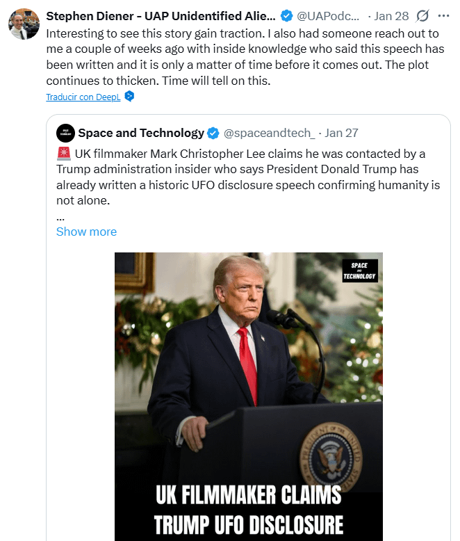 SERIOUS: "President Donald Trump has already written a historic UFO disclosure speech confirming humanity is not alone. "