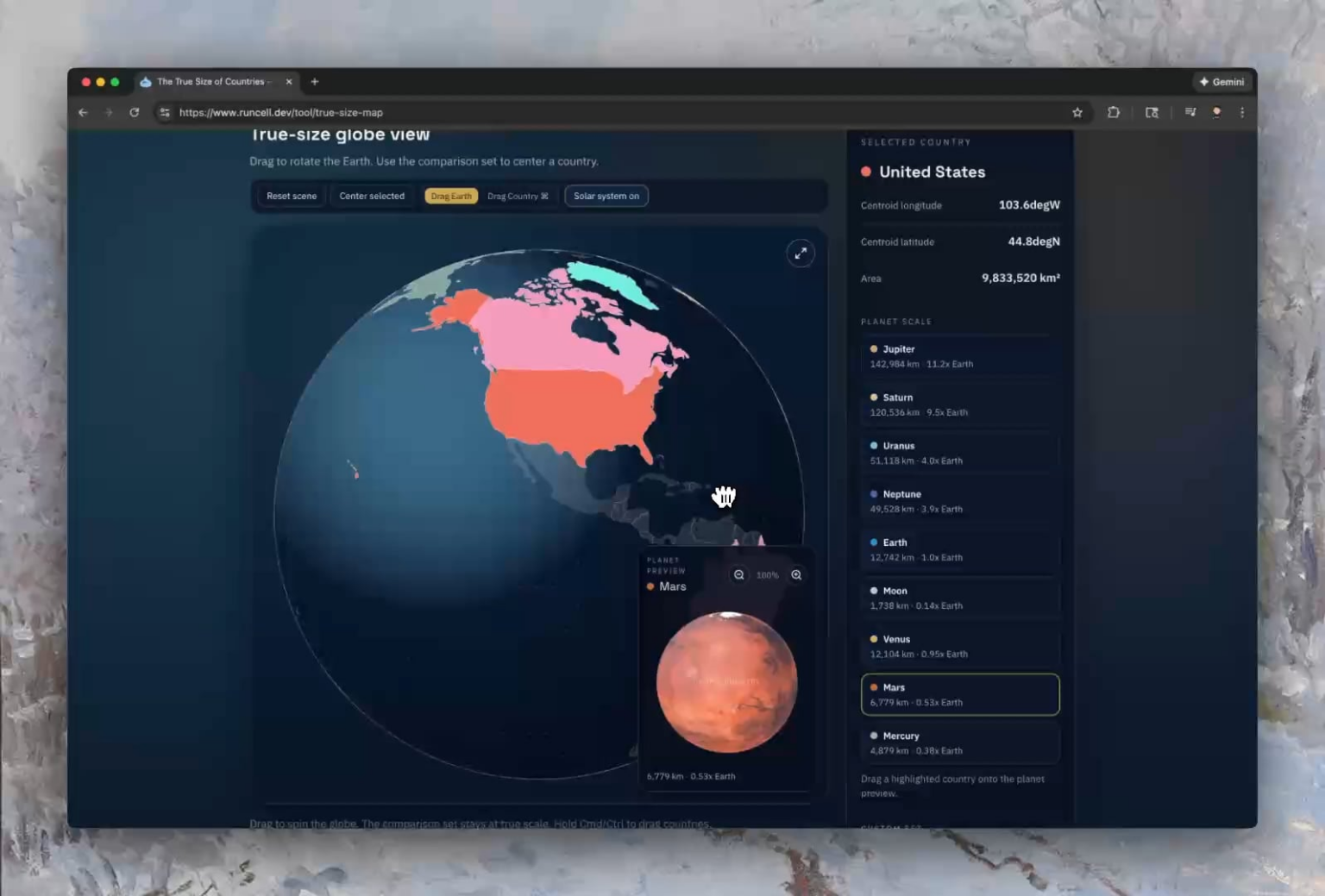 Drag a country onto Mars/Jupiter/Moon to see how big it would look