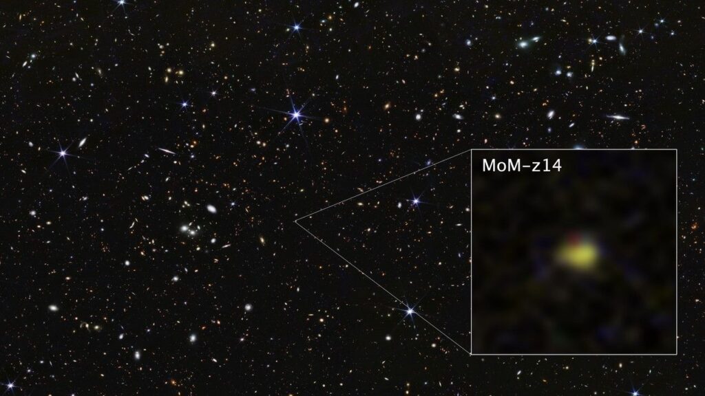 ‘Previously unimaginable’: James Webb telescope breaks its own record again, discovering farthest known galaxy in the universe A starry background, with a box showing a yellow smudge of an ancient galaxy