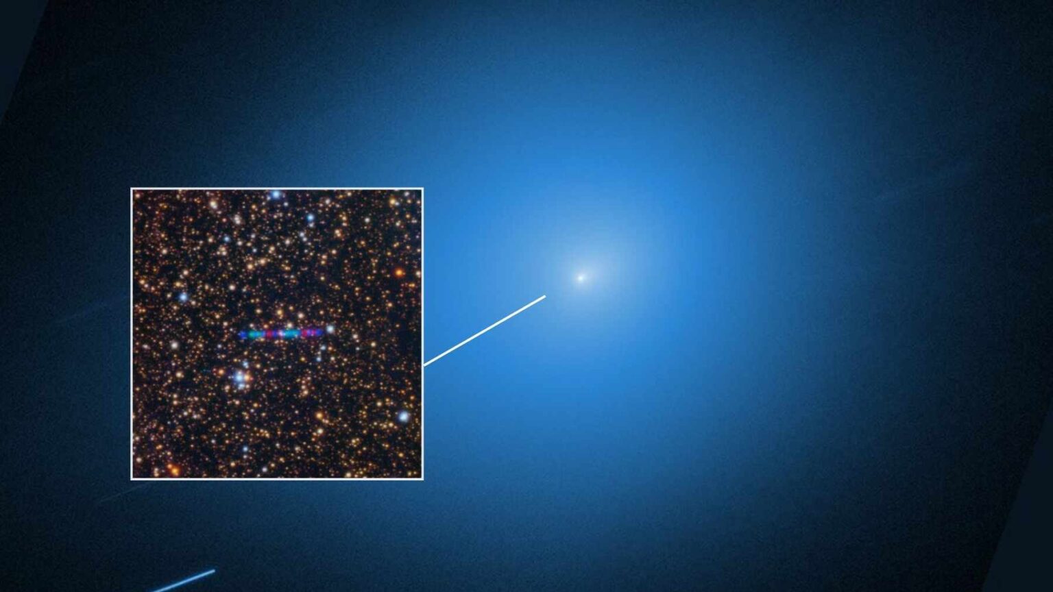Inset image points to faint interstellar object 3I/ATLAS against a star field, shown with a blue glow and an arrow marking its position.