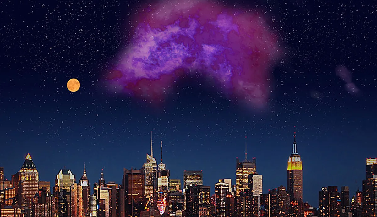 Artist's impression of what the Eos molecular cloud would look like in the sky if it could be seen by the naked eye. Credit: NatureLifePhoto/Flickr (New York City Skyline), Burkhart et al. 2025