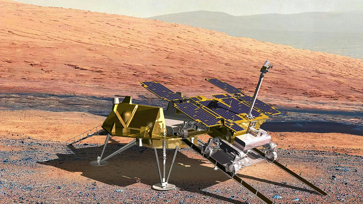 Artist's impression of the ExoMars Rosalind Franklin rover rolling off its landing platform on Mars. Credit: Airbus/ESA