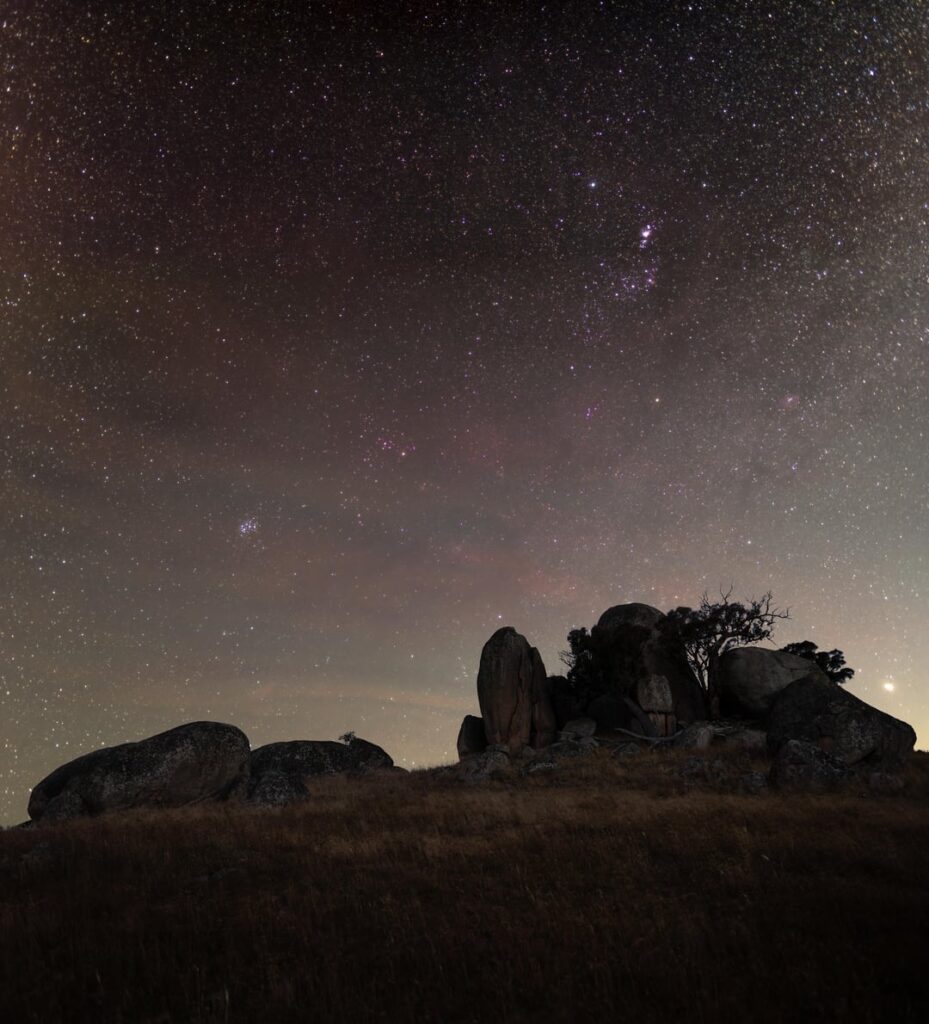 Jupiter, Orion, and Taurus over granite in Taungurung Country [5989x6600] [OC]