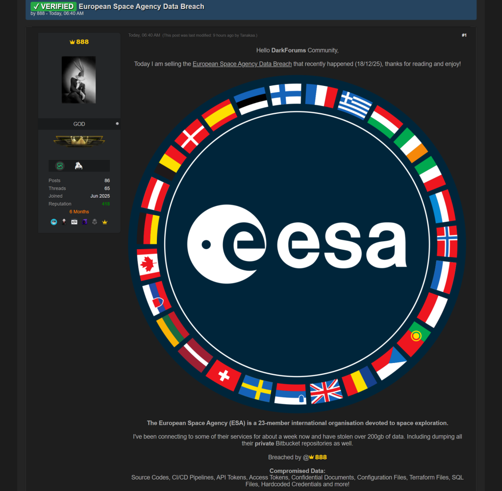 Hacker Claims European Space Agency Breach, Selling 200GB of Data