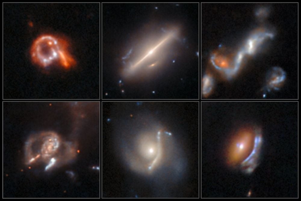 Researchers Use AI To Find Astronomical Anomalies Buried In Archives These six galaxies were among the almost 1,400 anomalous objects buried in the Hubble Legacy Archive. Researchers used AI tools to comb through the vast archive and detect anomalous objects. The discovered objects include a ring-shaped galaxy, a bipolar galaxy, a group of merging galaxies, and three galaxies with warped arcs created by gravitational lensing. Image Credit: ESA/Hubble & NASA, D. O’Ryan, P. Gómez (European Space Agency), M. Zamani (ESA/Hubble)