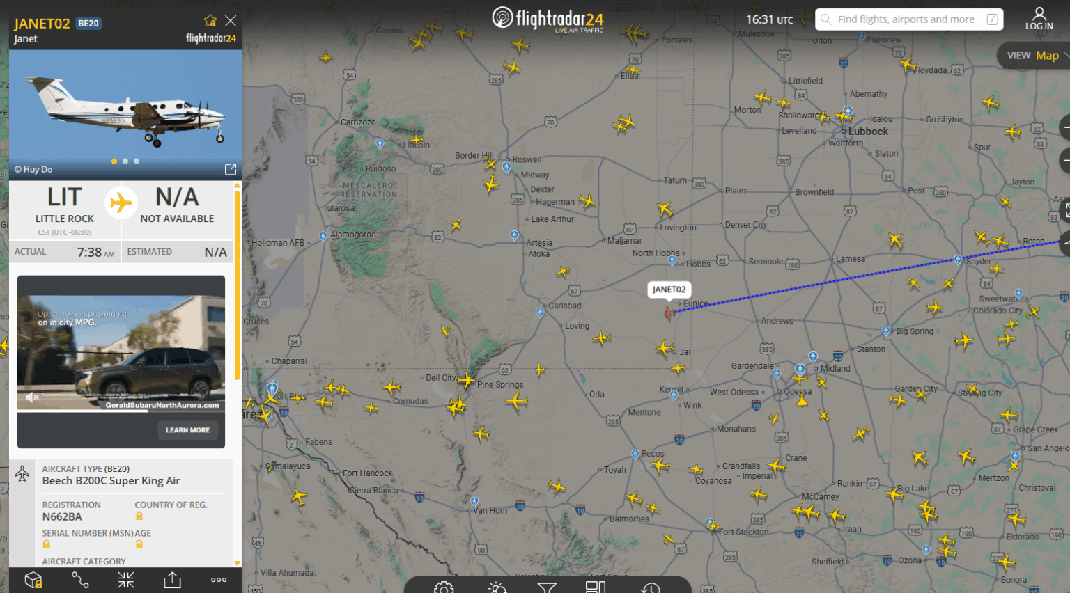 Unusual flight - Janet02 from little rock to area51 / groom lake