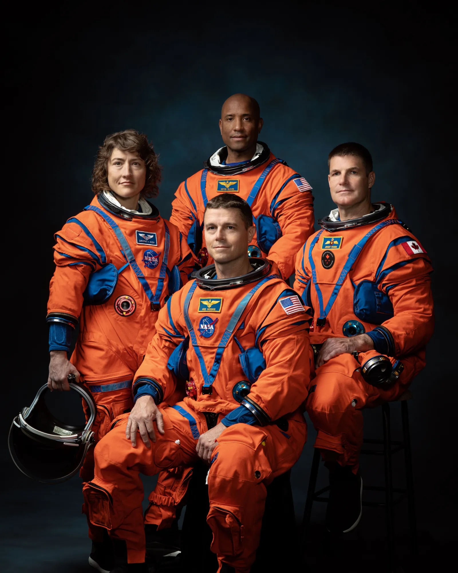 (L-R) Artemis II crew: Christina Koch, Victor Glover, Reid Wiseman, Canadian Space Agency Astronaut Jeremy Hansen.(NASA)