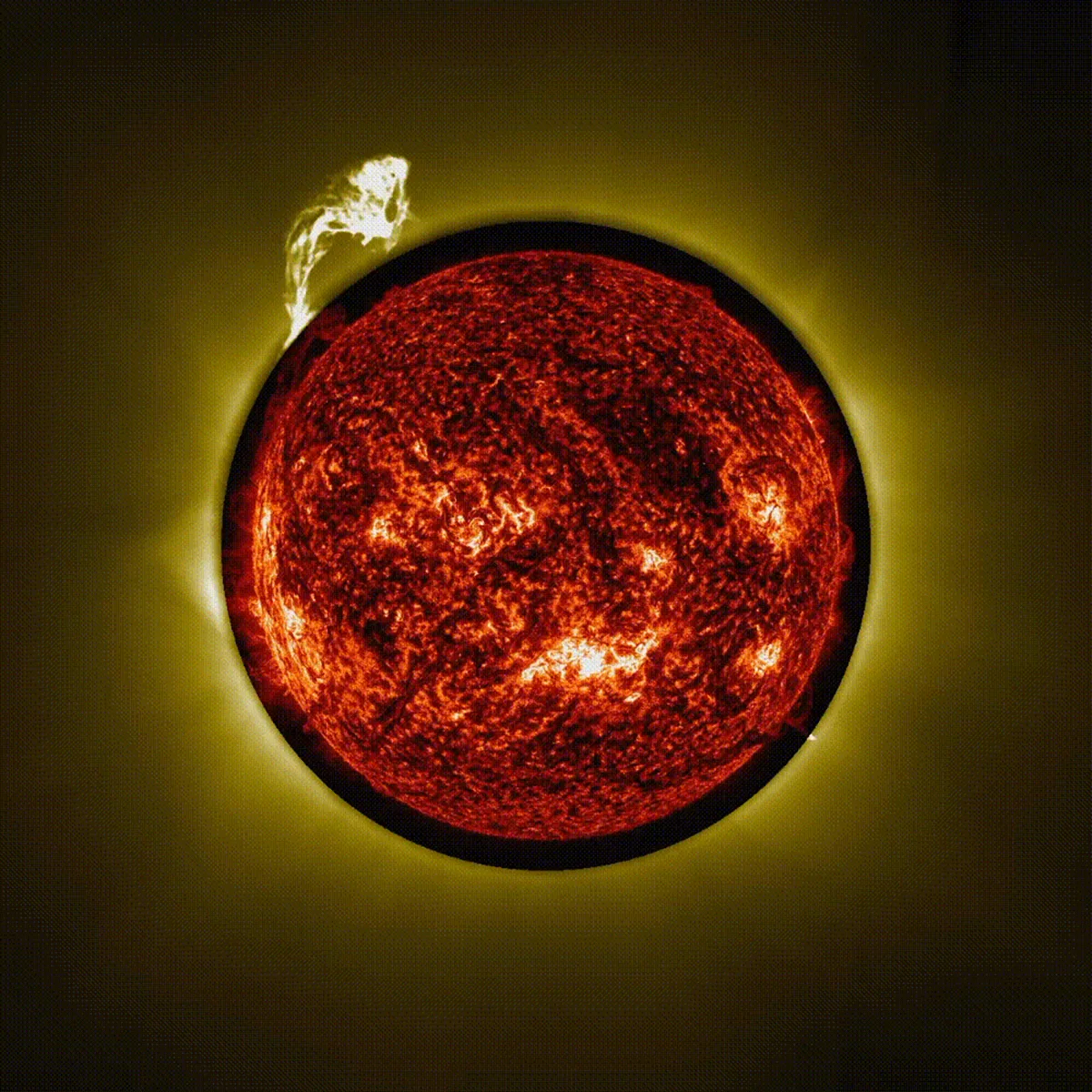 Image showing a prominence erupting on the Sun, as seen by the European Space Agency's Proba-3 mission, 21 September 2025. Credit: ESA/Proba-3/ASPIICS, NASA/SDO/AIA