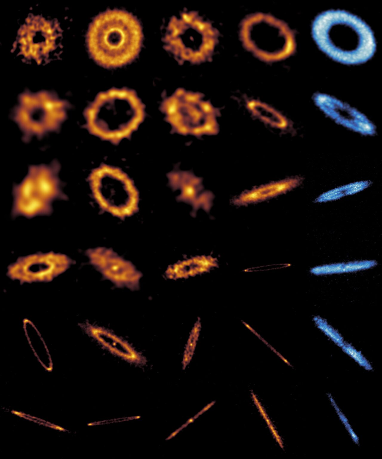 24 debris disks leftover from planetary formation (orange for dust, blue for gas in column on the right)