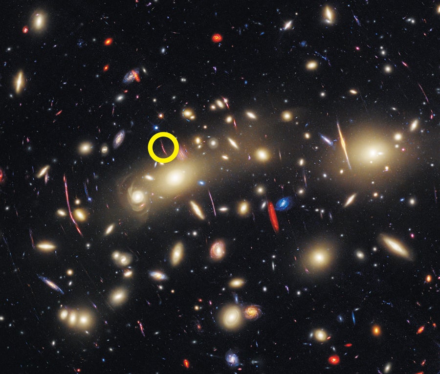 Star field includes a central galaxy cluster surrounded by many arcs of light. The ancient star Mothra is circled within one of the arcs.