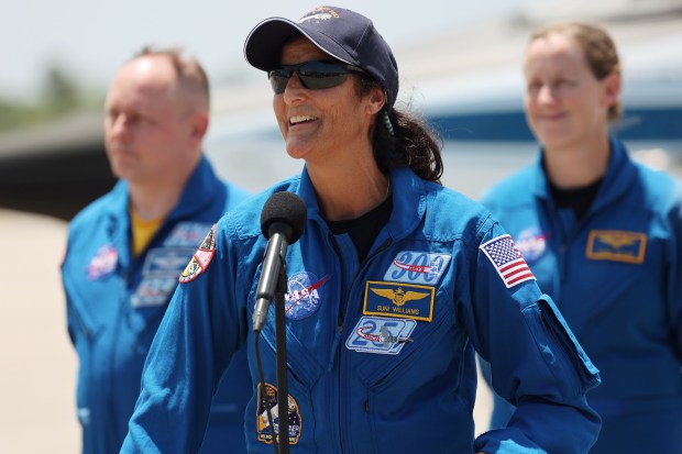 NASA astronaut Suni Williams talks to the media after arriving at Kennedy Space Center aboard T-38 aircraft, for the Starliner Crew Flight Test, on Thursday, April 25, 2024. (Ricardo Ramirez Buxeda/ Orlando Sentinel)