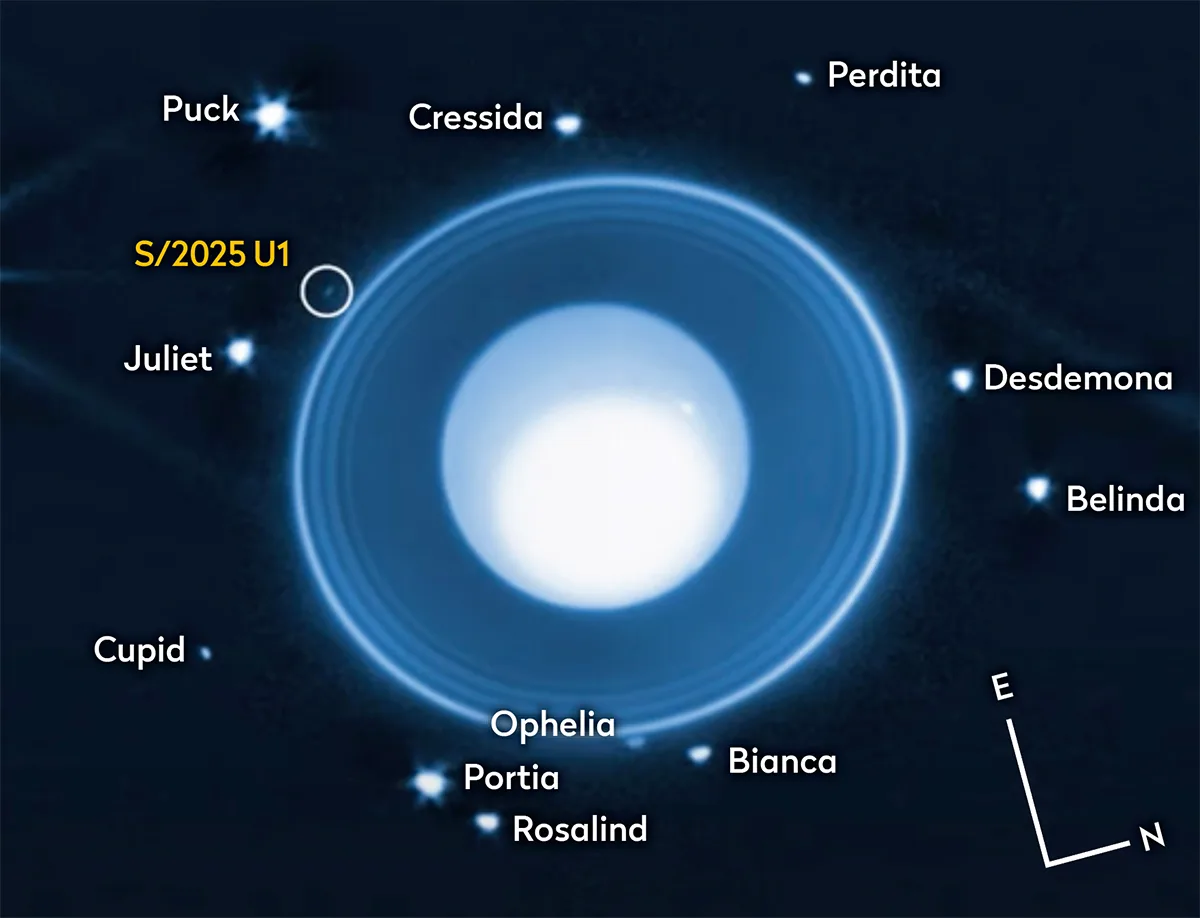 Astronomers using NASA’s James Webb Space Telescope discovered a new moon orbiting Uranus. Credit: NASA, ESA, CSA, STScI, M. El Moutamid (SwRI), M. Hedman (University of Idaho)