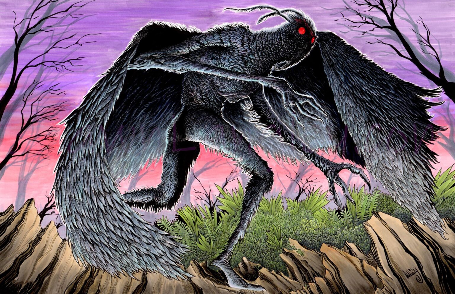"The Legend of the Mothman", my latest work depicting the mysterious cryptid from Point Pleasant, West Virginia decades ago. This is my first full color depiction of the creature, and by far my most detailed.
Created using Pentel brush pens, Sakura Microns and Copic markers.