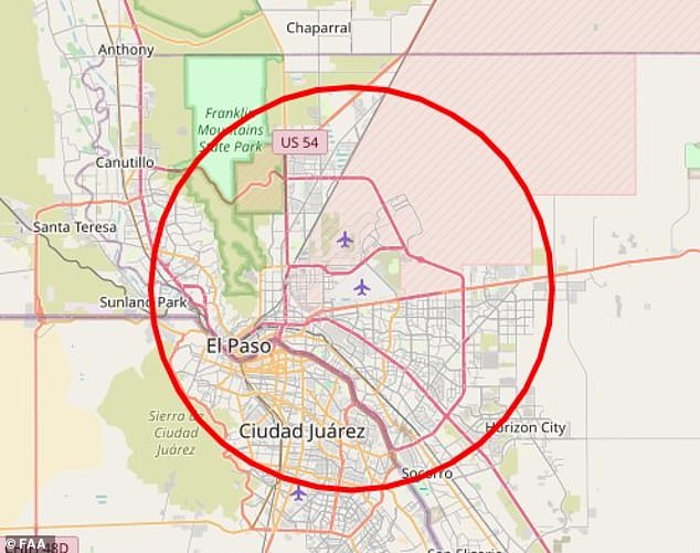 The restricted airspace covered a ten-mile-wide area centered roughly five miles southwest of El Paso, extending from the ground up to 18,000 feet