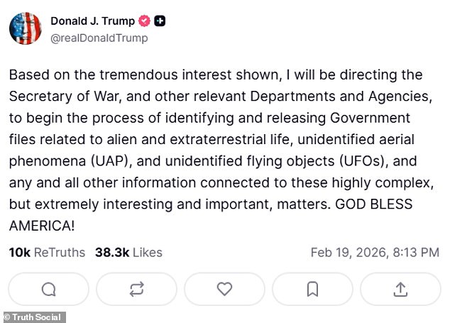 President Donald Trump shockingly announced on Truth Social that he had directed Secretary of War Pete Hegseth to release any remaining government UFO files