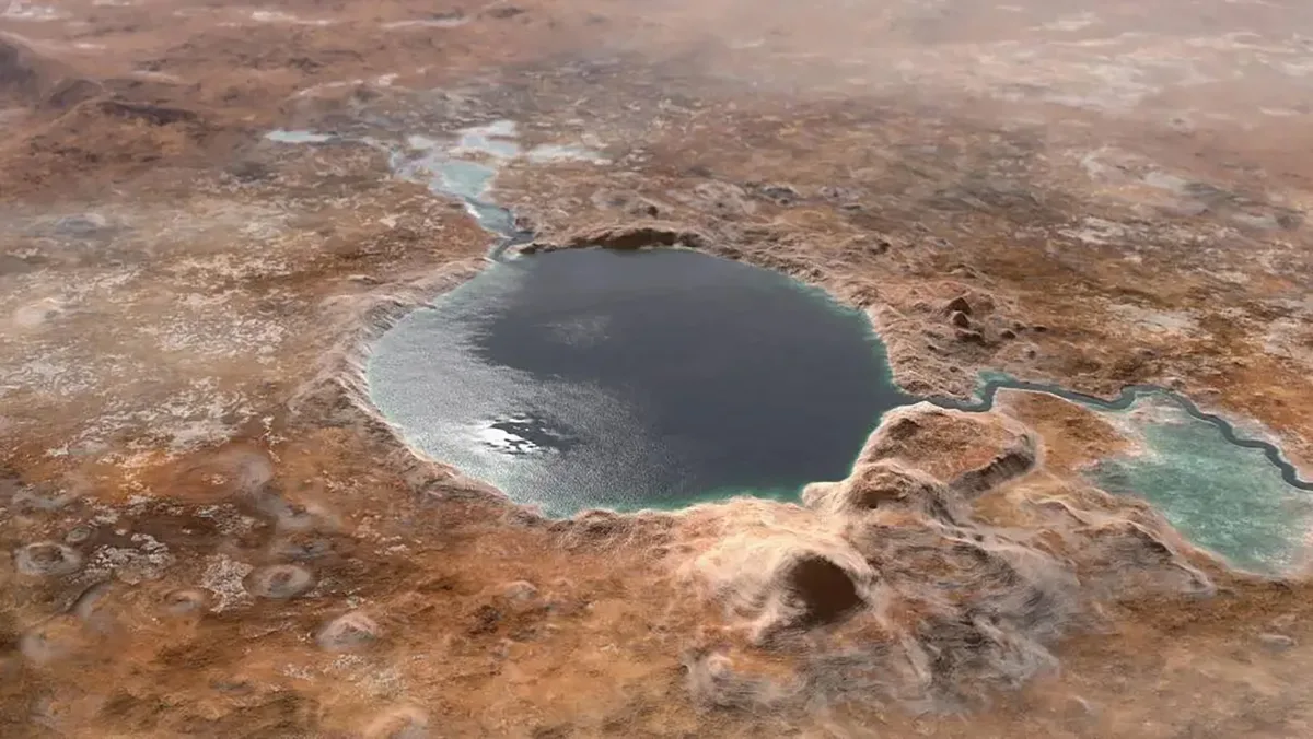 Illustration showing Jezero Crater — the landing site of the Mars 2020 Perseverance rover — as it may have looked billions of years go on Mars, when it was a lake. Credit: NASA/JPL-Caltech