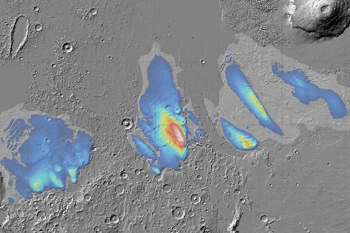 Map showing the thickness of a deposit thought to be water ice at Mars's equator in the Medusae Fossae Formation, captured by ESA's Mars Express orbiter. Credit: ESA
